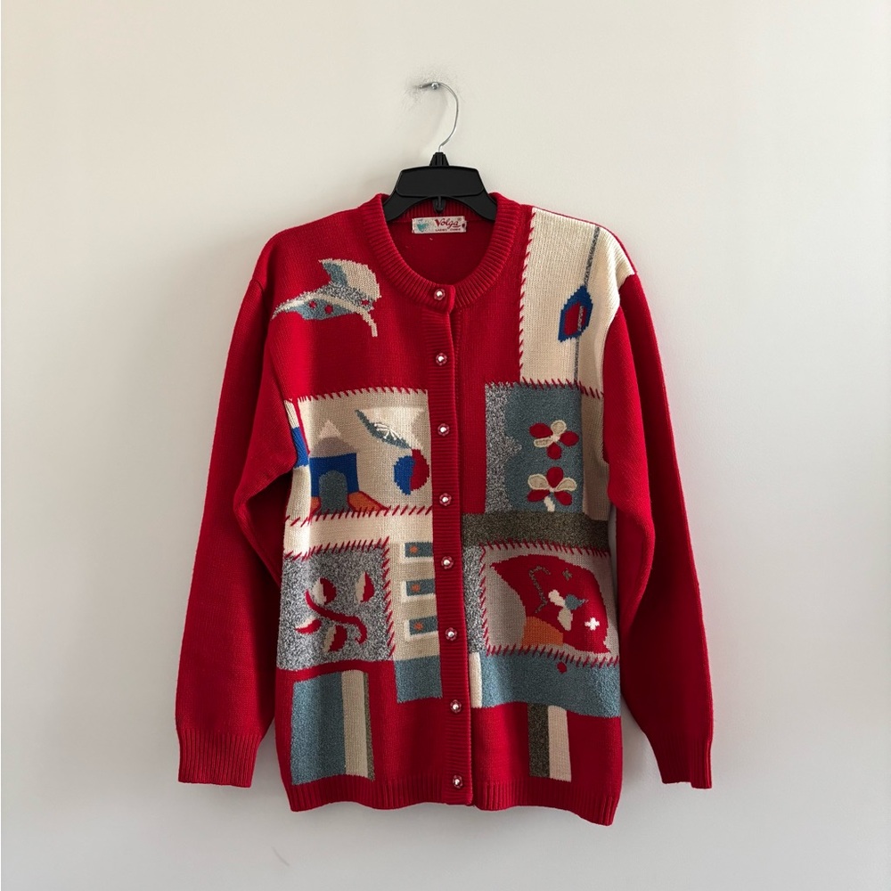 VTG Volga Cardigan Sweater Jumper Red Embroidered Novelty M Grandmacore Teacher